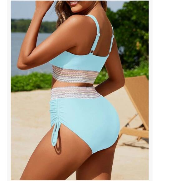Zuvebamyo Women Size Medium Blue High Waisted 2 Pc Tummy Control Bikini Set S1 - Picture 2 of 8